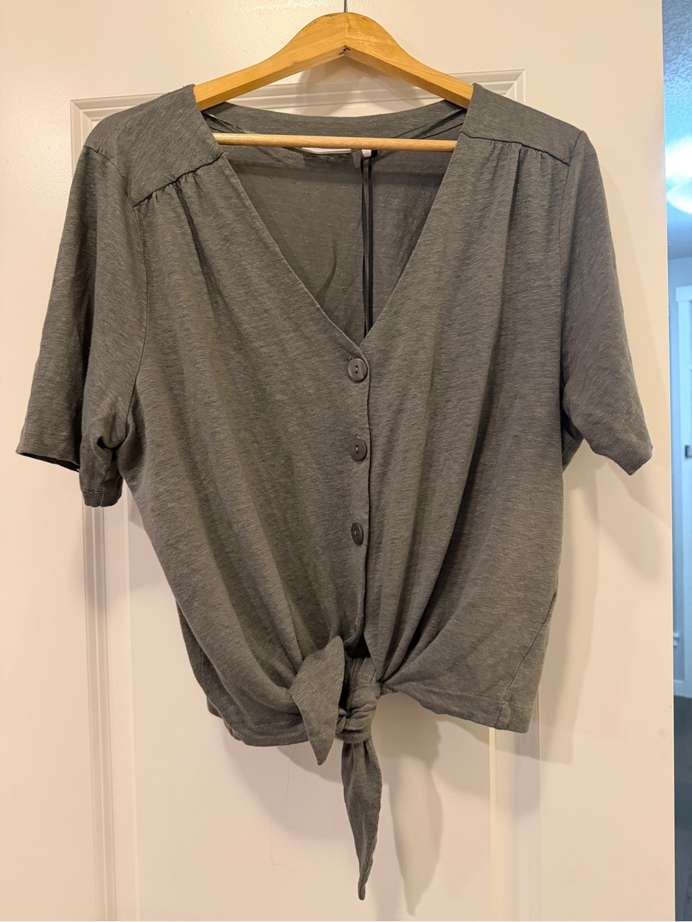 Tie-Hem Gray Linen Button-Down V-Neck Top